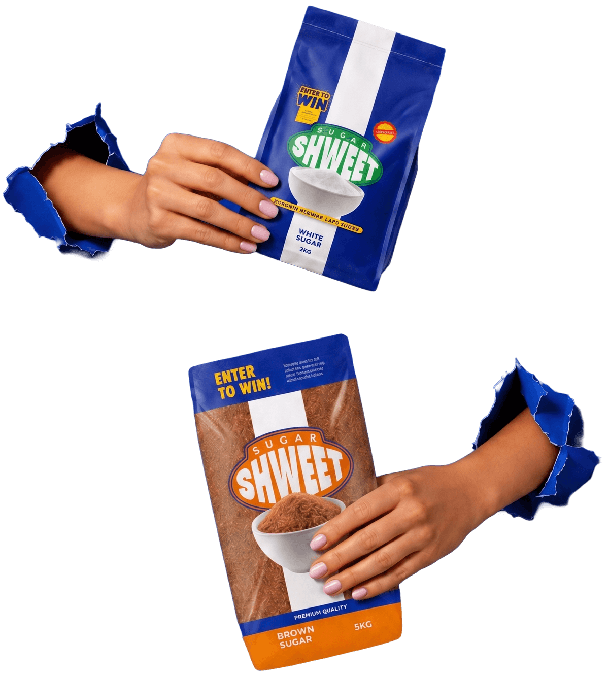 Hands bursting through paper holding sugar